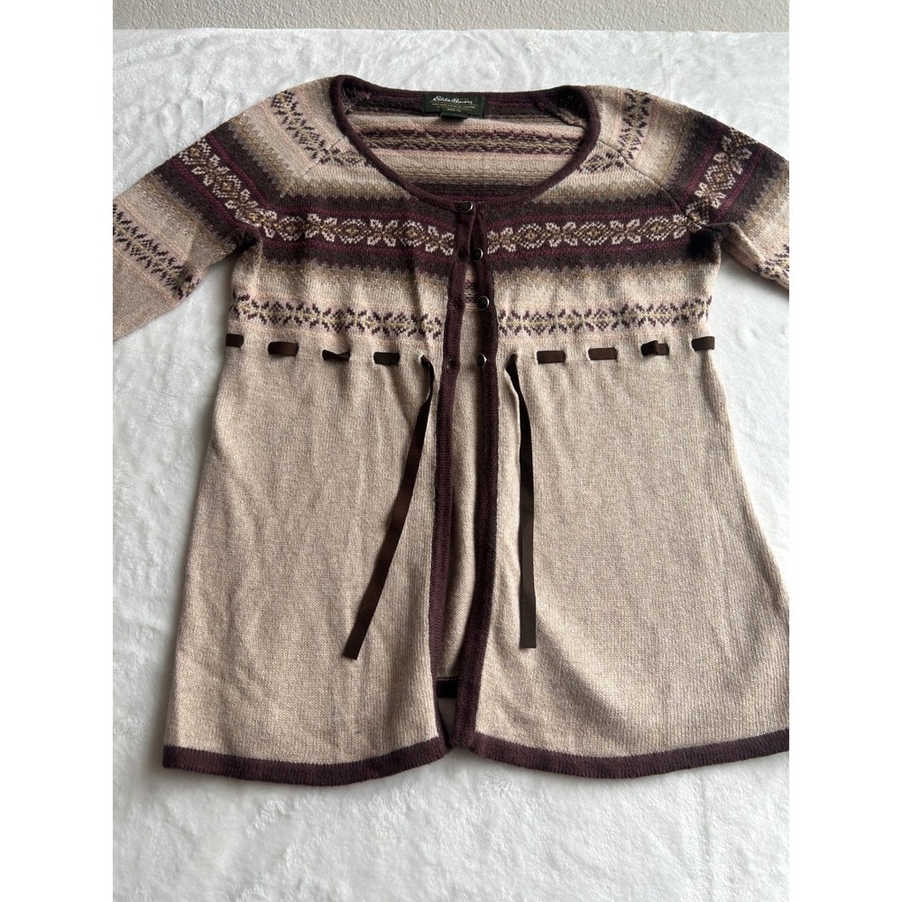 Eddie Bauer Womens Petite Small Fair Isle Cotton Merino Wool Cardigan Tan Brown - Picture 1 of 5